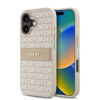 DKNY PU Leather Repeat Pattern Tonal Stripe Zadn&iacute; Kryt pro iPhone 16 Plus Pink