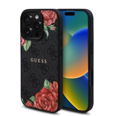 Guess PU Leather 4G Roses MagSafe Zadn&iacute; Kryt pro iPhone 16 Pro Max Black
