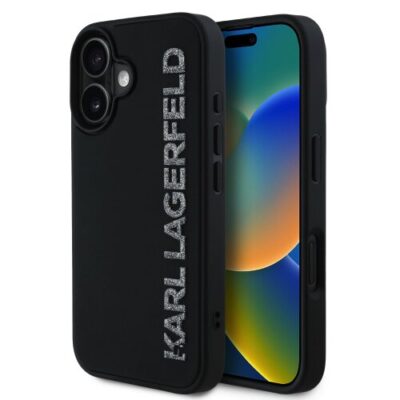 Karl Lagerfeld 3D Rubber Glitter Logo Zadn&iacute; Kryt pro iPhone 16 Black