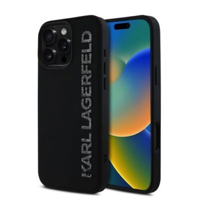 Karl Lagerfeld 3D Rubber Glitter Logo Zadn&iacute; Kryt pro iPhone 16 Pro Black