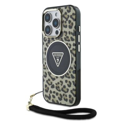 Guess IML Leopard Triangle Logo Strap MagSafe Zadn&iacute; Kryt pro iPhone 16 Pro Brown