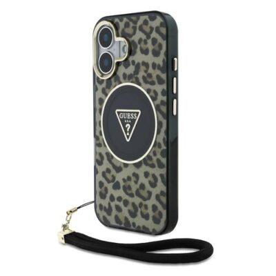 Guess IML Leopard Triangle Logo Strap MagSafe Zadn&iacute; Kryt pro iPhone 16 Brown