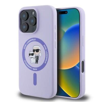 Puzdro Karl Lagerfeld Liquid Silicone Karl and Choupette MagSafe iPhone 16 Pro - fialové