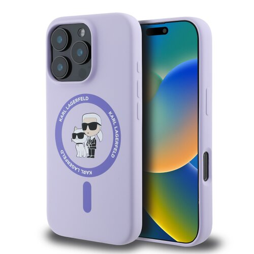 Puzdro Karl Lagerfeld Liquid Silicone Karl and Choupette MagSafe iPhone 16 Pro - fialové