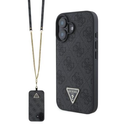 Puzdro Guess PU 4G Strass Triangle Metal Logo + Crossbody Popruh iPhone 16 - čierne