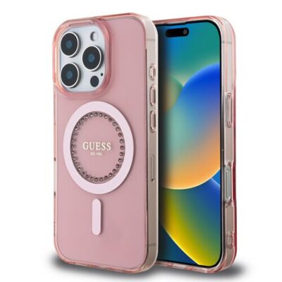 Guess IML Rhinestones Ring MagSafe Zadní Kryt pro iPhone 16 Pro Pink