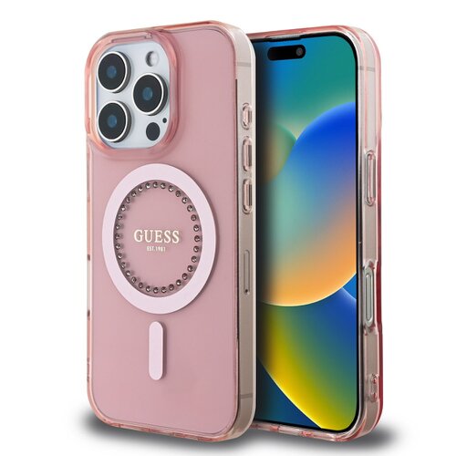 Guess IML Rhinestones Ring MagSafe Zadní Kryt pro iPhone 16 Pro Pink