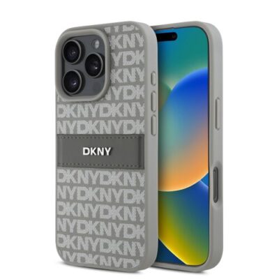DKNY PU Leather Repeat Pattern Tonal Stripe Zadn&iacute; Kryt pro iPhone 16 Pro Max Beige