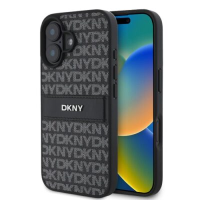 DKNY PU Leather Repeat Pattern Tonal Stripe Zadn&iacute; Kryt pro iPhone 16 Plus Black