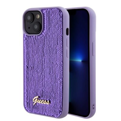 Guess Sequin Script Logo Zadn&iacute; Kryt pro iPhone 15 Plus Purple