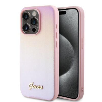 Guess PU Leather Iridescent Metal Script Zadn&iacute; Kryt pro iPhone 15 Pro Pink