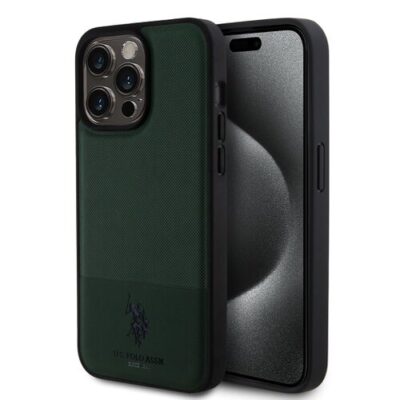 U.S. Polo PU Leather Mesh Pattern Double Horse Zadn&iacute; Kryt pro iPhone 15 Pro Max Green