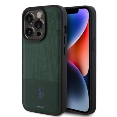 Puzdro U.S. Polo PU Leather Mesh Pattern Double Horse iPhone 15 Pro - zelen&eacute;