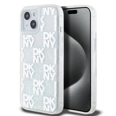 DKNY Liquid Glitter Checkered Pattern Zadn&iacute; Kryt pro iPhone 15 Transparent