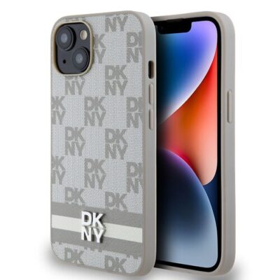 DKNY PU Leather Checkered Pattern and Stripe Zadn&iacute; Kryt pro iPhone 15 Beige