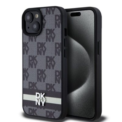 DKNY PU Leather Checkered Pattern and Stripe Zadn&iacute; Kryt pro iPhone 15 Black