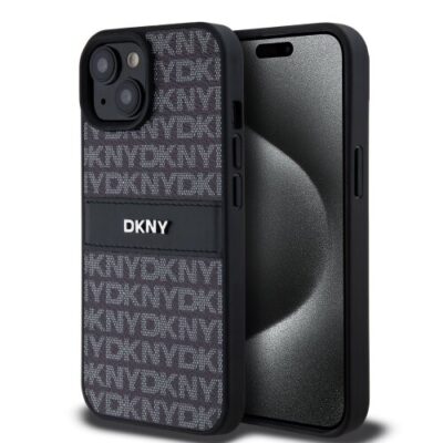 Puzdro DKNY PU Leather Repeat Pattern Tonal Stripe iPhone 15 - čierne