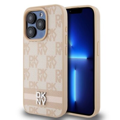 DKNY PU Leather Checkered Pattern and Stripe Zadn&iacute; Kryt pro iPhone 14 Pro Pink