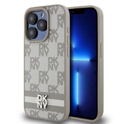 DKNY PU Leather Checkered Pattern and Stripe Zadn&iacute; Kryt pro iPhone 15 Pro Max Beige