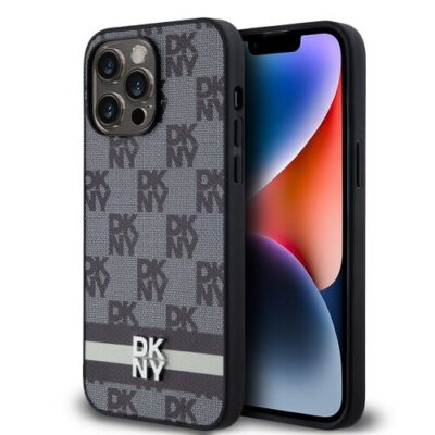 DKNY PU Leather Checkered Pattern and Stripe Zadn&iacute; Kryt pro iPhone 15 Pro Max Black