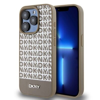 DKNY PU Leather Repeat Pattern Bottom Stripe MagSafe Zadní Kryt pro iPhone 12/12 Pro Brown