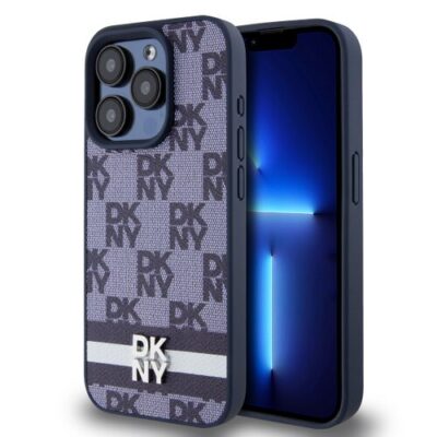 DKNY PU Leather Checkered Pattern and Stripe Zadn&iacute; Kryt pro iPhone 15 Pro Blue