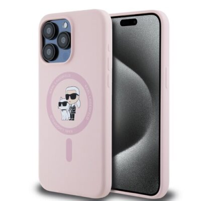 Puzdro Karl Lagerfeld Liquid Silicone Karl and Choupette Magsafe iPhone 15 Pro - ružová