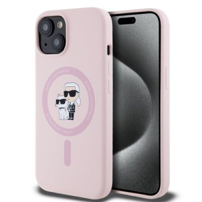 Puzdro Karl Lagerfeld Liquid Silicone Karl and Choupette Magsafe iPhone 15 - ružové