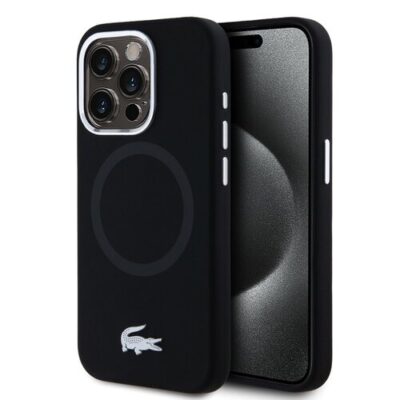 Lacoste Liquid Silicone Microfiber Silver Croc Logo MagSafe Zadn&iacute; Kryt pro iPhone 15 Pro Black
