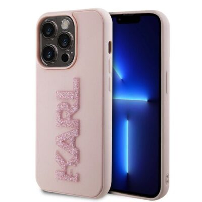 Karl Lagerfeld 3D Rubber Glitter Logo Karl Zadn&iacute; Kryt pro iPhone 15 Pro Max Pink
