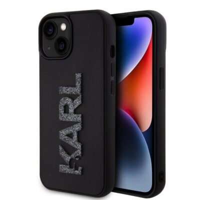 Karl Lagerfeld 3D Rubber Glitter Logo Karl Zadn&iacute; Kryt pro iPhone 15 Black