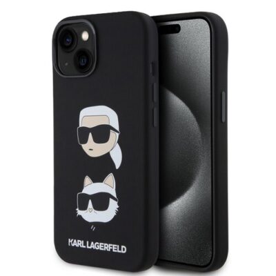 Puzdro Karl Lagerfeld Liquid Silicone Karl and Choupette Heads iPhone 15 - čierne