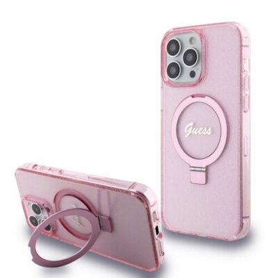 Guess IML Ring Stand Glitter MagSafe Zadní Kryt pro iPhone 15 Pro Pink