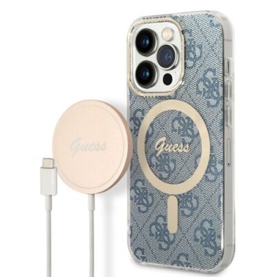 Puzdro Guess 4G MagSafe + Bezdr&ocirc;tov&aacute; nab&iacute;jačka pre iPhone 14 Pro - modr&eacute;