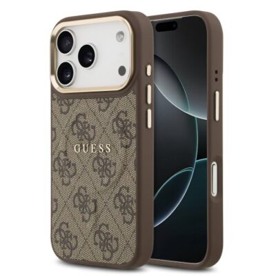 Guess PU Leather 4G Gold Frame MagSafe Zadní Kryt pro iPhone 17 Pro Brown