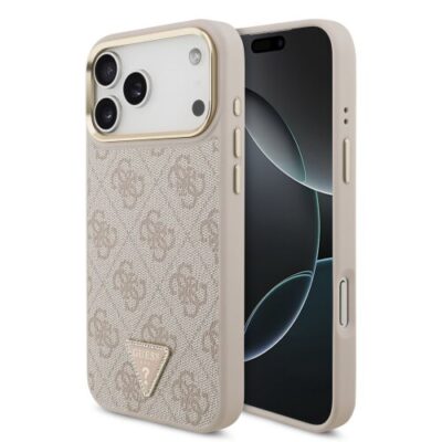 Guess PU Leather 4G Triangle Logo Gold Frame MagSafe Zadn&iacute; Kryt pro iPhone 17 Pro Max Pink