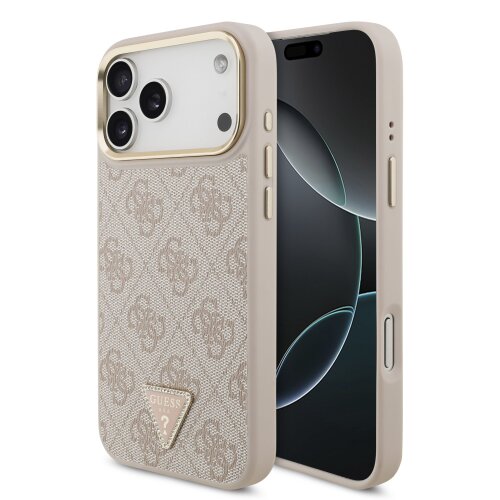 Guess PU Leather 4G Triangle Logo Gold Frame MagSafe Zadní Kryt pro iPhone 17 Pro Max Pink