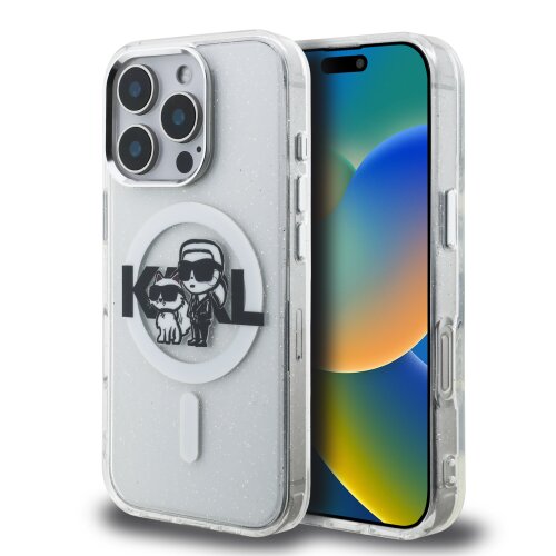 Karl Lagerfeld IML Glitter Karl and Choupette Sketch MagSafe Zadní Kryt pro iPhone 16 Pro Max Transparent