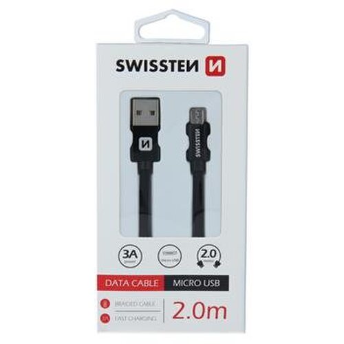 Dátový kábel Swissten MicroUSB Quick Charge 3A 2m Čierny opletený