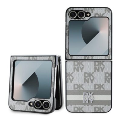 DKNY PU Leather Checkered Pattern and Stripe Zadní Kryt pro Samsung Galaxy Z Flip 6 Beige