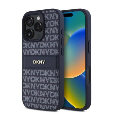 DKNY PU Leather Repeat Pattern Tonal Stripe Zadn&iacute; Kryt pro iPhone 16 Pro Max Blue