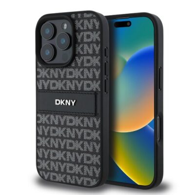 DKNY PU Leather Repeat Pattern Tonal Stripe Zadn&iacute; Kryt pro iPhone 16 Pro Max Black
