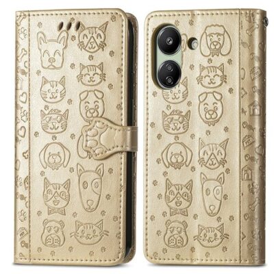 Puzdro Pet Book Xiaomi Redmi 13C/Poco C65, vzor mačka a pes - zlat&eacute;