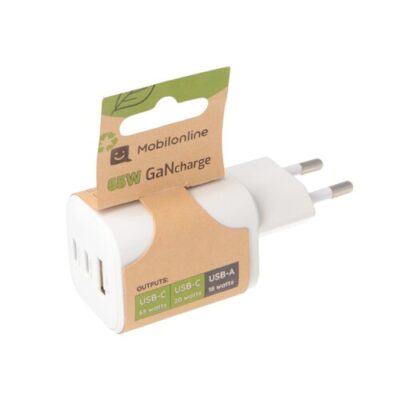 EKO NABÍJAČKA 65W 3-portová GaN (2x USB-C 65W a 20W PD + 1x USB-A 18W QC3.0) Biela