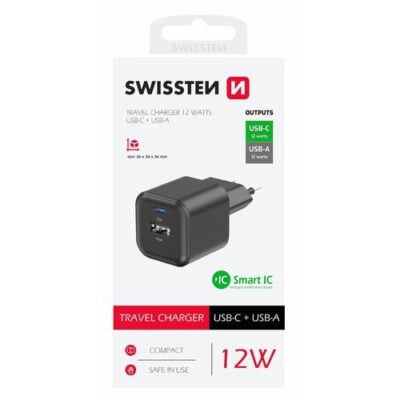 SWISSTEN S&Iacute;ŤOV&Yacute; ADAPT&Eacute;R 12W 1x USB-C + 1x USB-A  ČERN&Yacute;