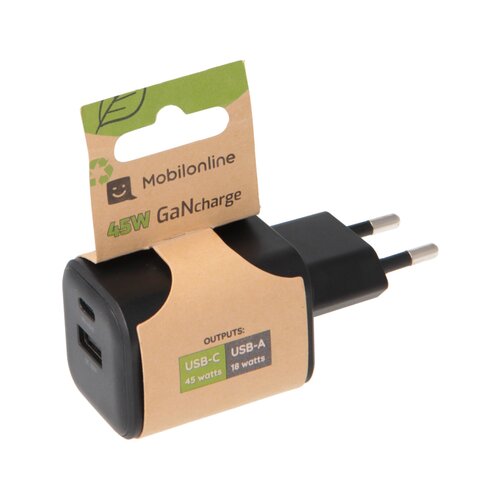 EKO NABÍJAČKA 45W 2-portová GaN (1x USB-C 45W PD + 1x USB-A 18W QC) Čierna