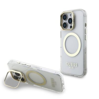 Guess IML Gold Outline Stand Camera Frame MagSafe Zadn&iacute; Kryt pro iPhone 16 Pro Max Transparent
