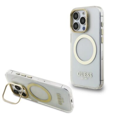 Guess IML Gold Outline Stand Camera Frame MagSafe Zadn&iacute; Kryt pro iPhone 15 Pro Max Transparent