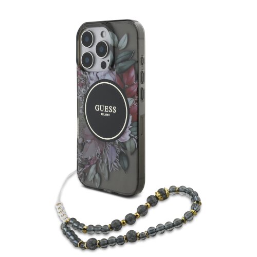 Guess IML Flowers Pearl Strap MagSafe Zadní Kryt pro iPhone 16 Pro Max Black