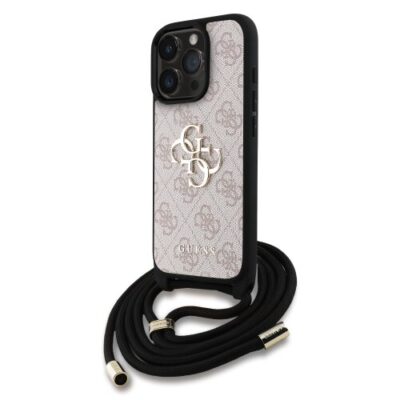 Guess PU 4G Metal Logo Crossbody Popruh Zadní Kryt pro iPhone 15 Pro Max Pink